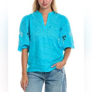 Johnny Was Sadie Blouse Embroidered Scuba Blue Puff Sleeves Boho Vintage Vibes M